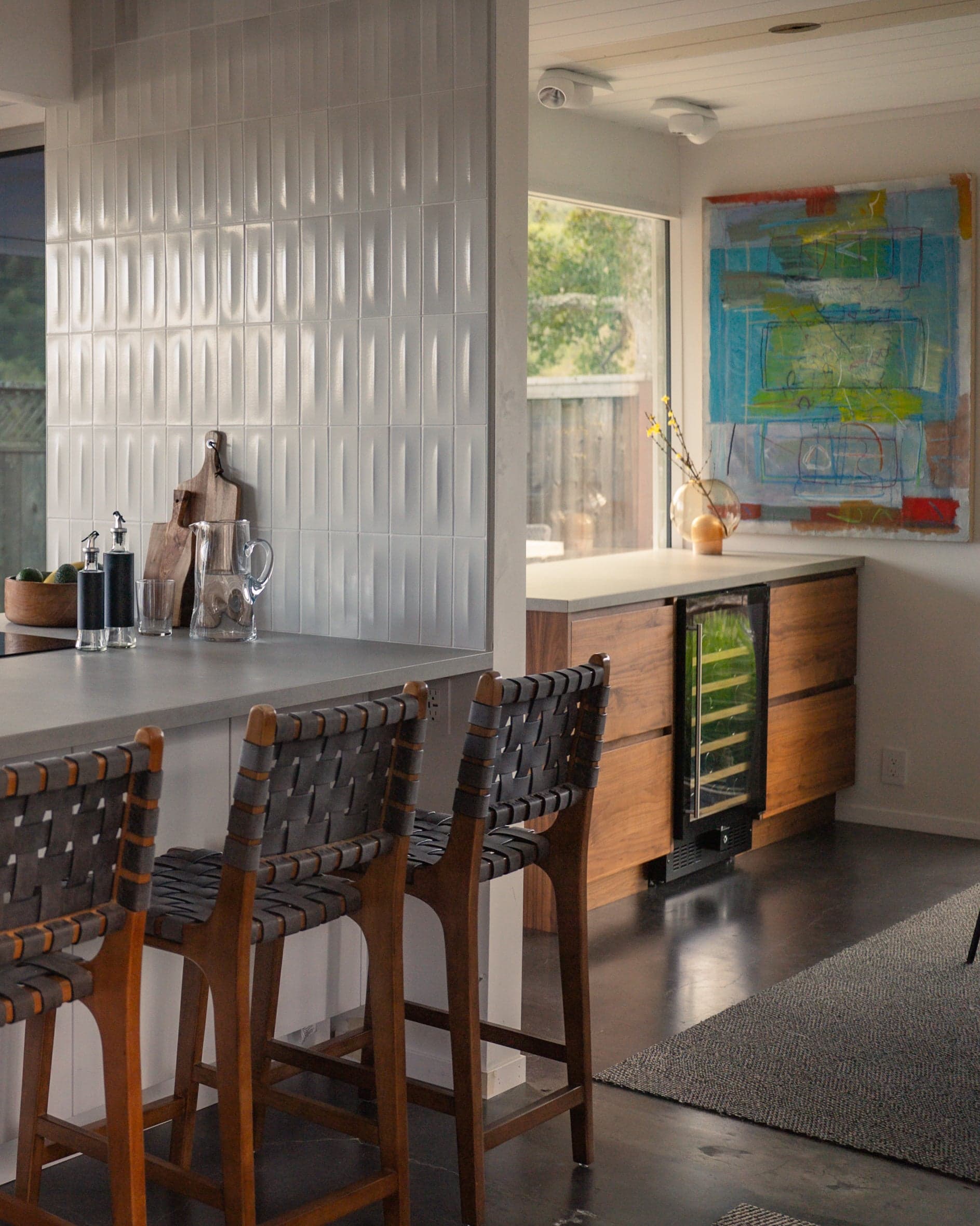 Kitchen angle showing walnut cabinetry