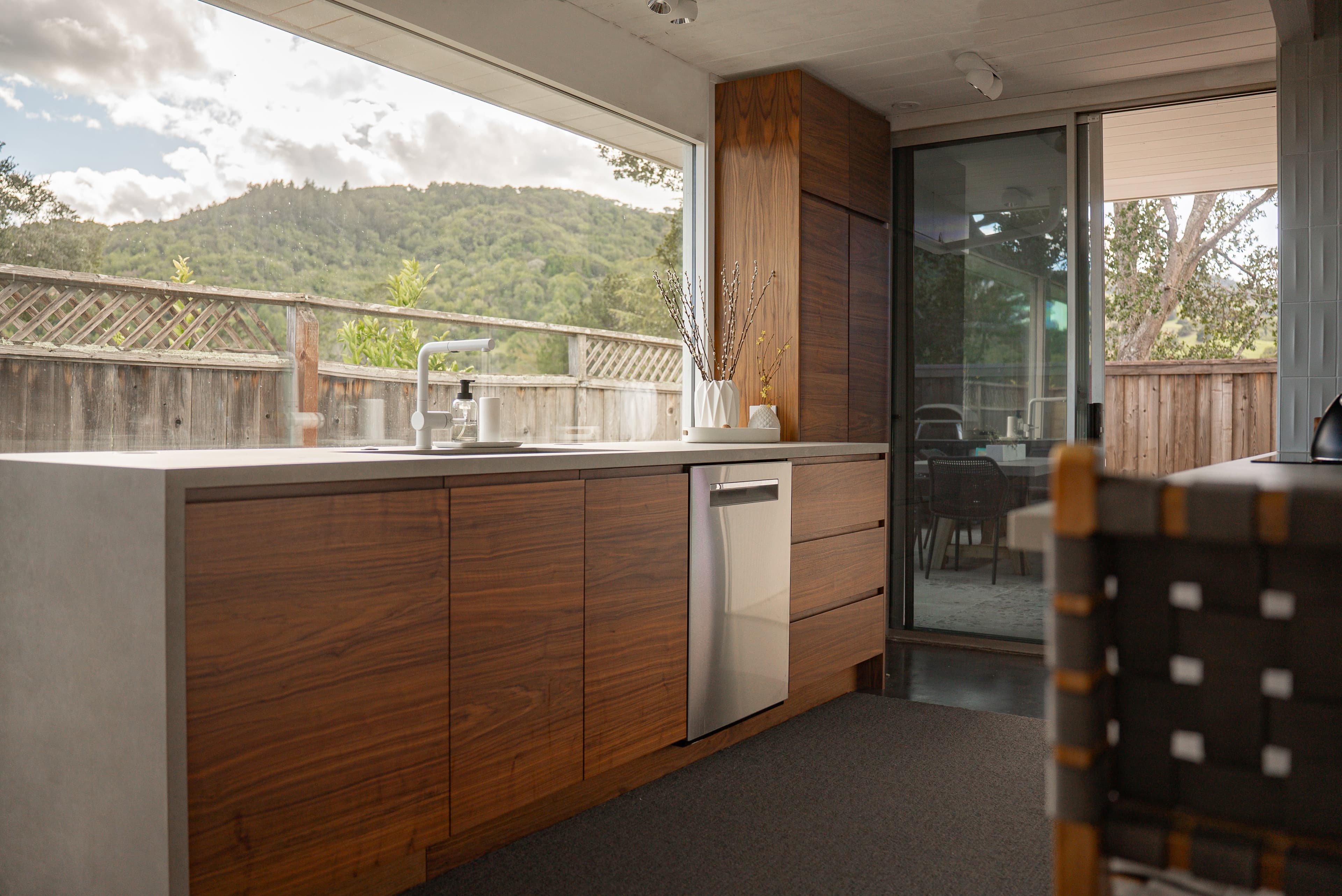 Full view of the kitchen and surrounding landscape